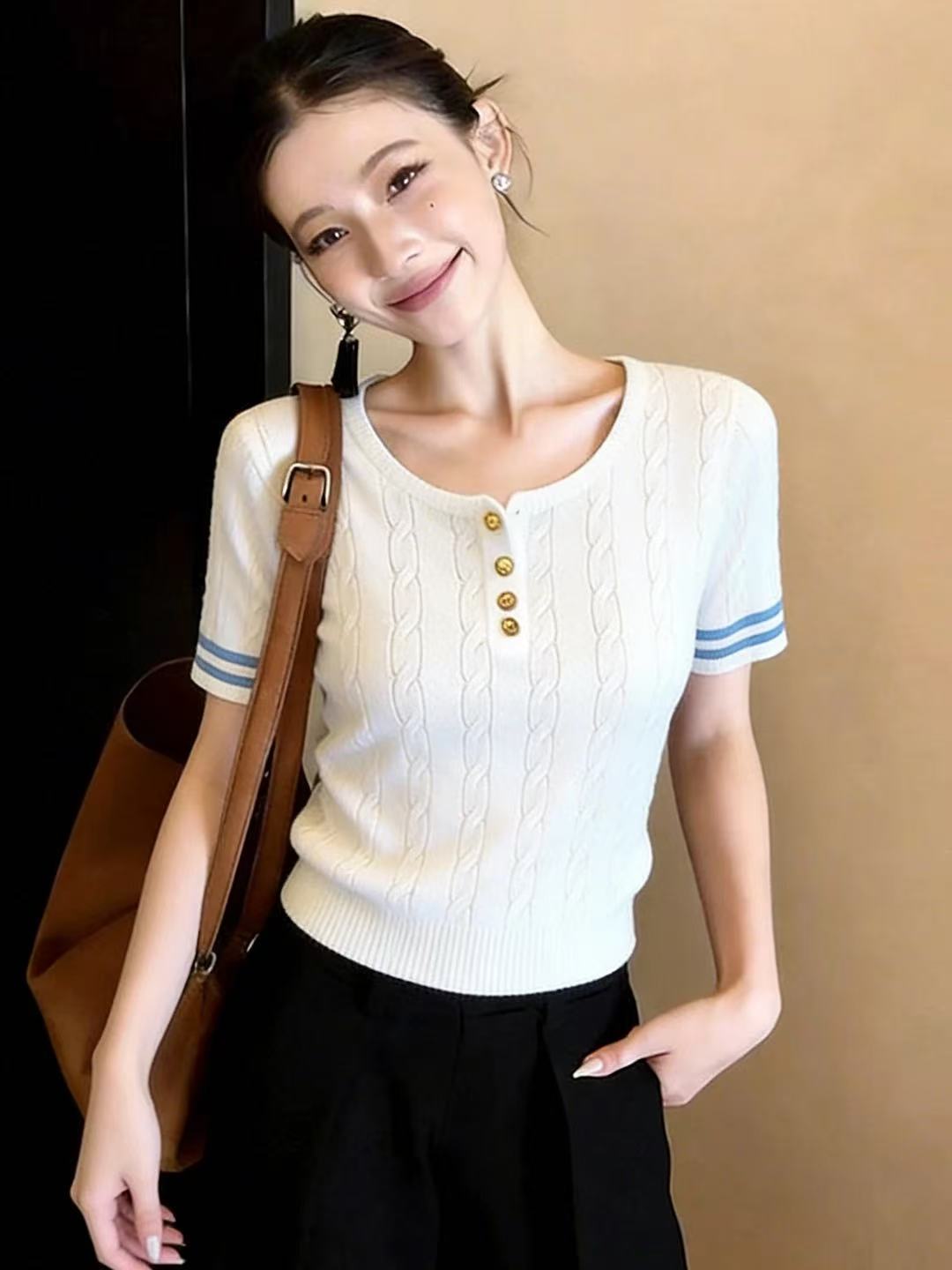 超火好看麻花條紋短袖針織衫女薄款洋氣圓領T恤寬松顯瘦冰絲上衣