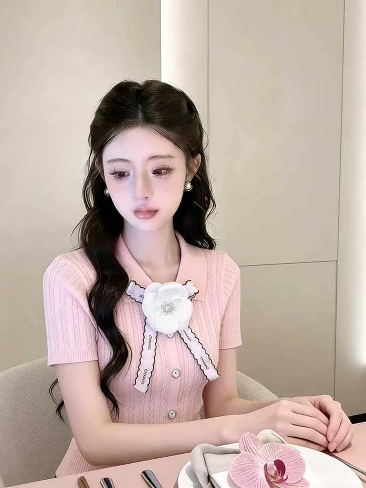 甜美淑女風蝴蝶結系帶針織衫短袖女2026夏季新款超顯瘦高級感上衣