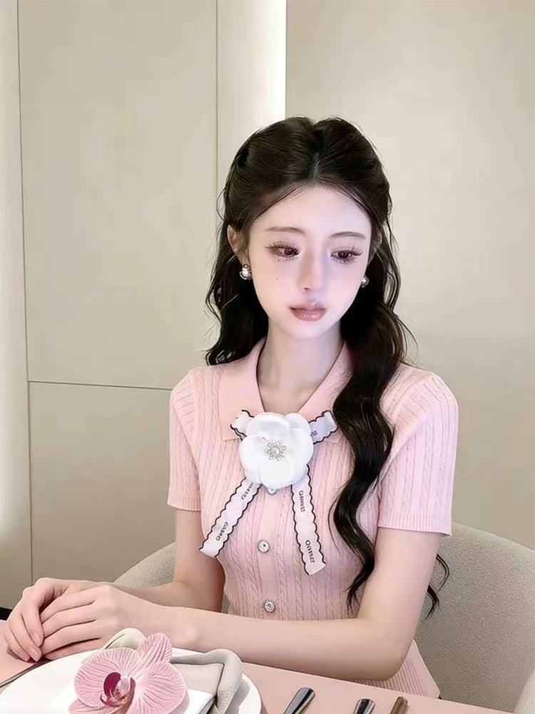 甜美淑女風蝴蝶結系帶針織衫短袖女2026夏季新款超顯瘦高級感上衣