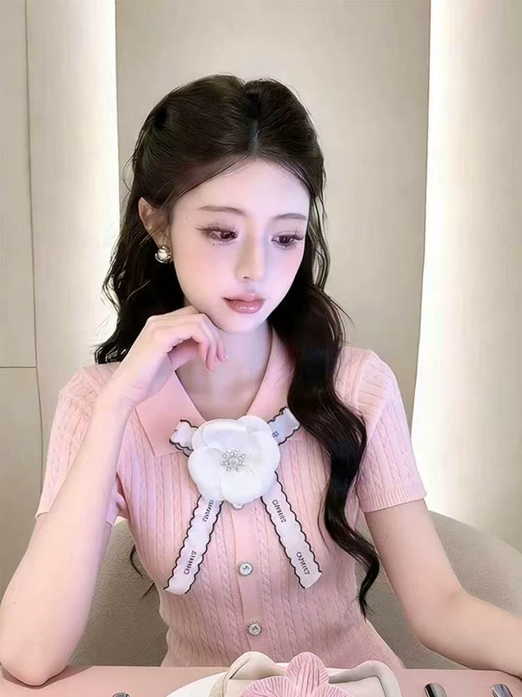 甜美淑女風蝴蝶結系帶針織衫短袖女2026夏季新款超顯瘦高級感上衣