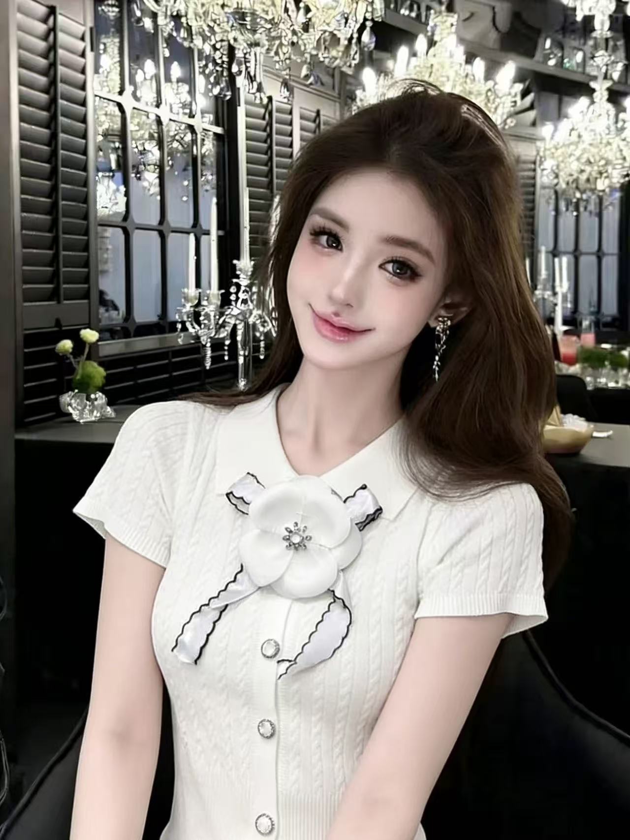 LYM STudio    輕奢風白色短袖T恤女蝴蝶結裝飾修身氣質針織上衣