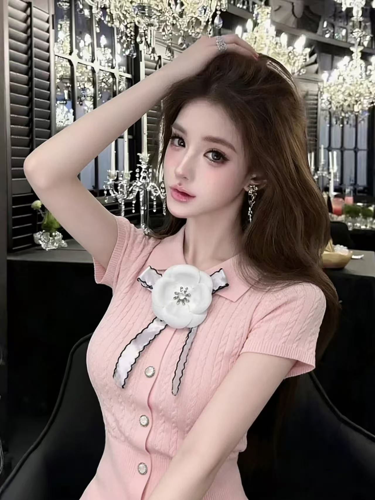 LYM STudio    輕奢風白色短袖T恤女蝴蝶結裝飾修身氣質針織上衣