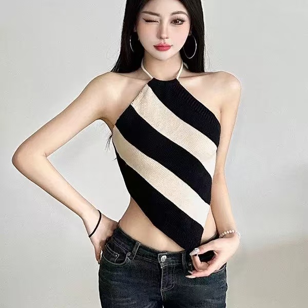 2026夏季新款掛脖系帶背心女不對稱條紋修身顯瘦性感辣妹上衣潮