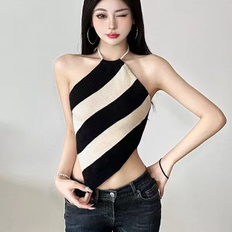 2026夏季新款掛脖系帶背心女不對稱條紋修身顯瘦性感辣妹上衣潮