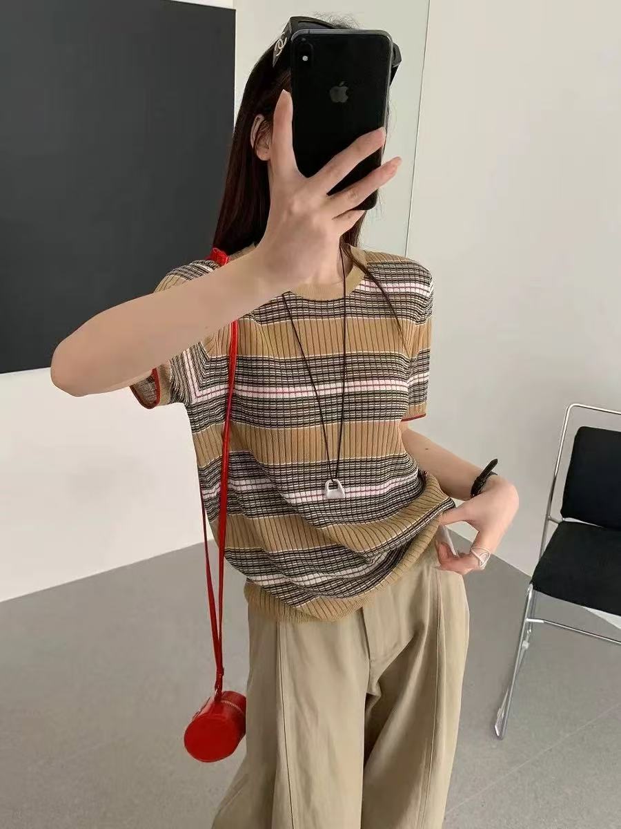 歐洲站撞色條紋坑條冰絲針織短袖2026夏季新款女時尚百搭圓領上衣