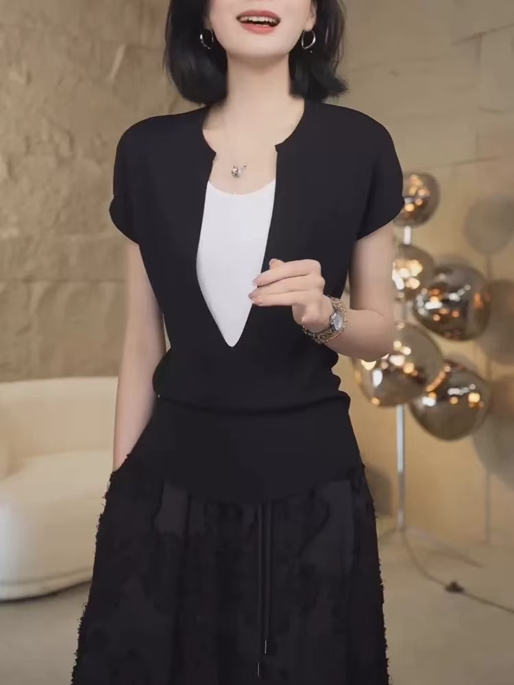 假兩件撞色法式針織衫女夏修身短袖t恤2026新款氣質顯瘦時尚上衣