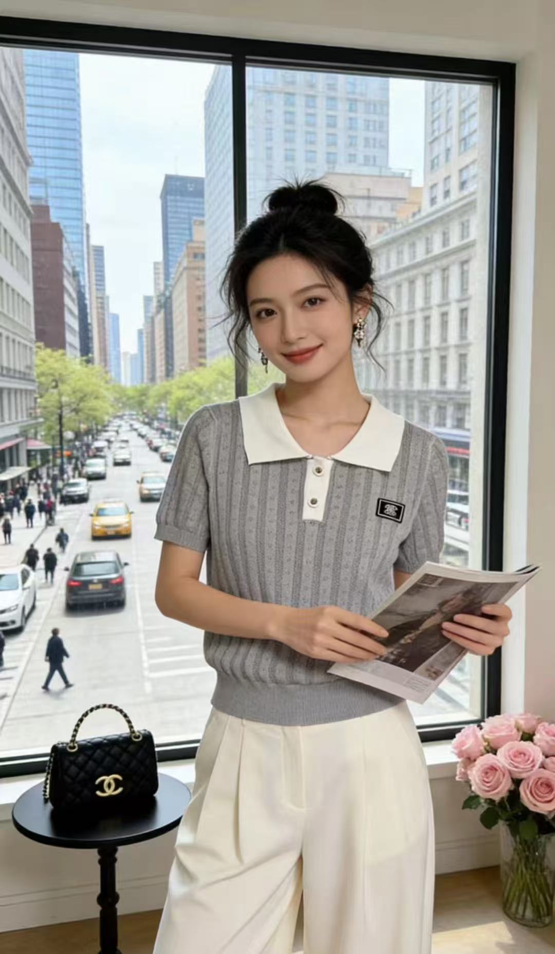 韓版高級感POLO領短袖麻花針織衫女春夏季減齡百搭刺繡上衣外穿
