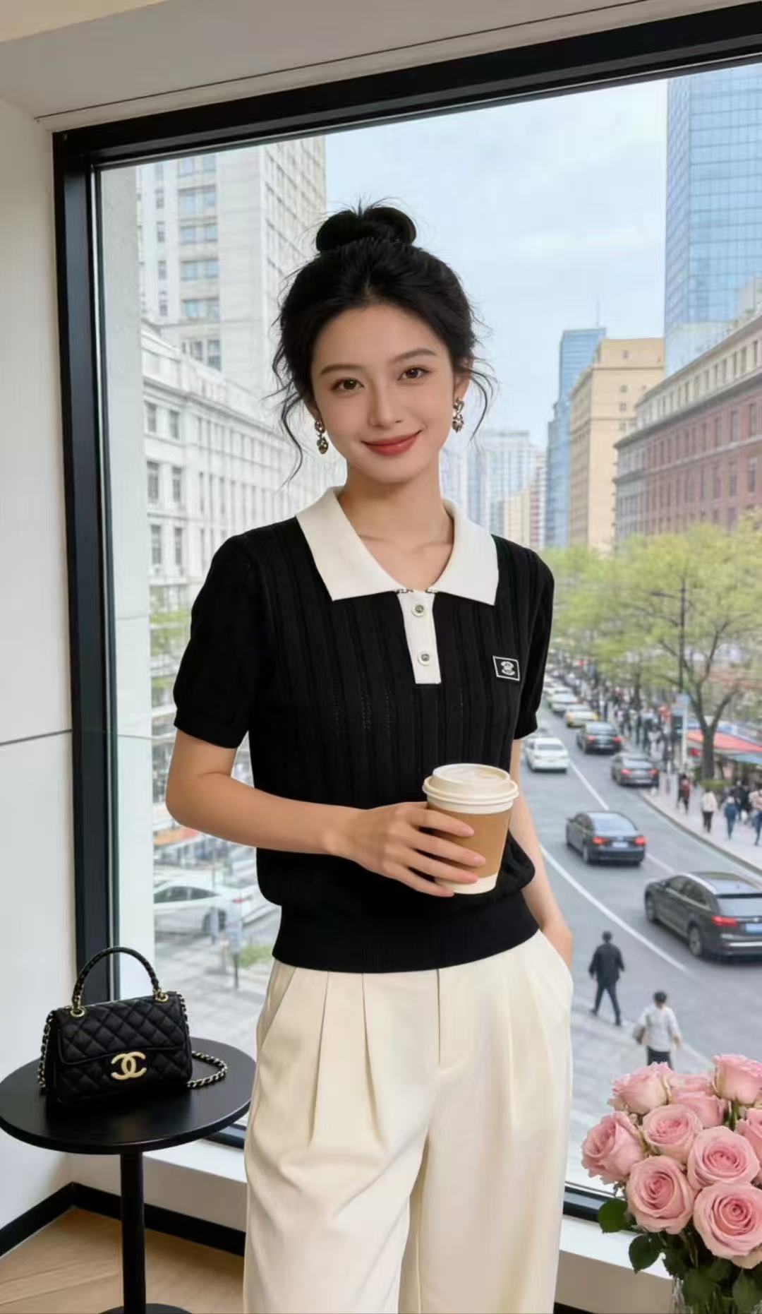 韓版高級感POLO領短袖麻花針織衫女春夏季減齡百搭刺繡上衣外穿