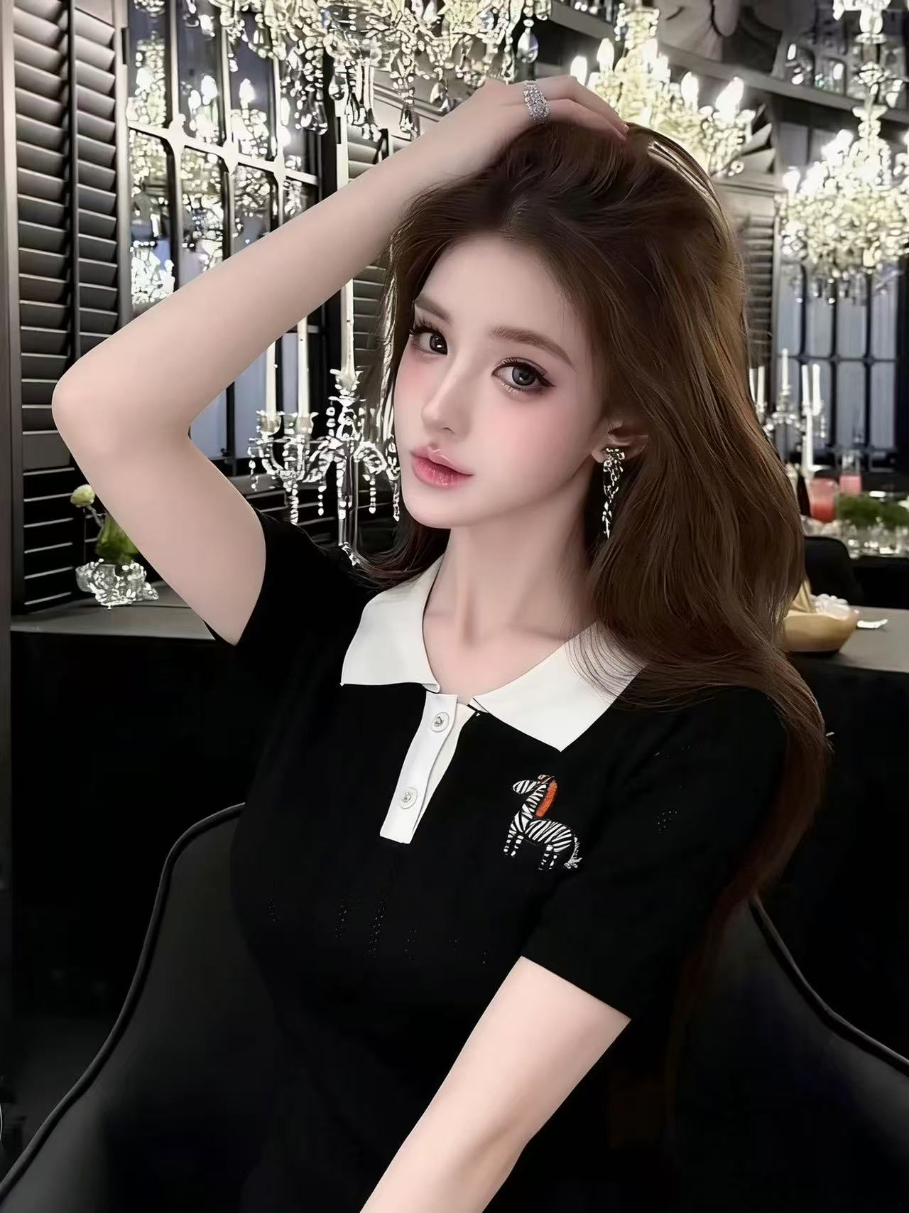 LYM STudio   極簡風撞色翻領polo衫女短袖絞花紋小眾高級感上衣