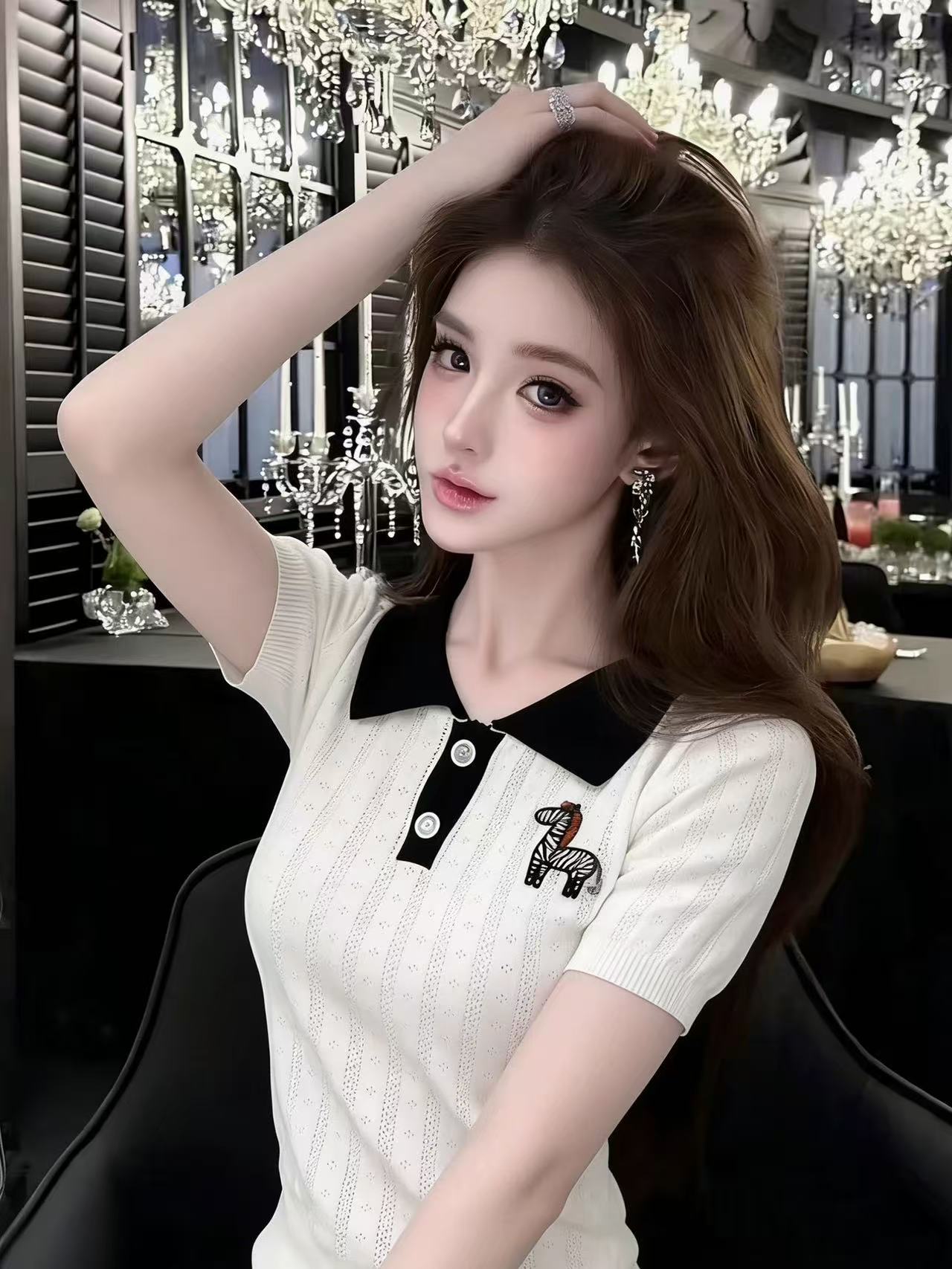 LYM STudio   極簡風撞色翻領polo衫女短袖絞花紋小眾高級感上衣