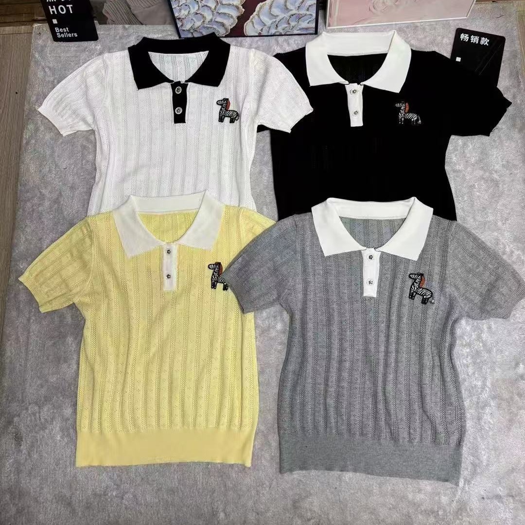 LYM STudio   極簡風撞色翻領polo衫女短袖絞花紋小眾高級感上衣