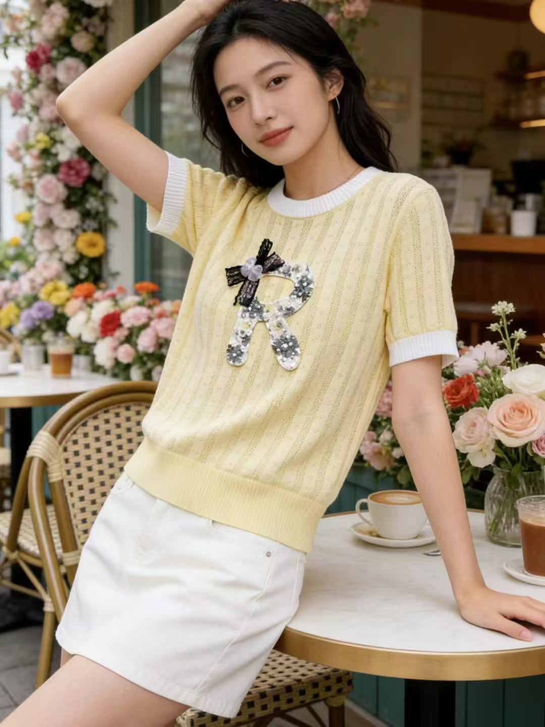 2026夏季新款黑色立體花短袖T恤女大碼寬松百搭顯瘦氣質上衣珍珠