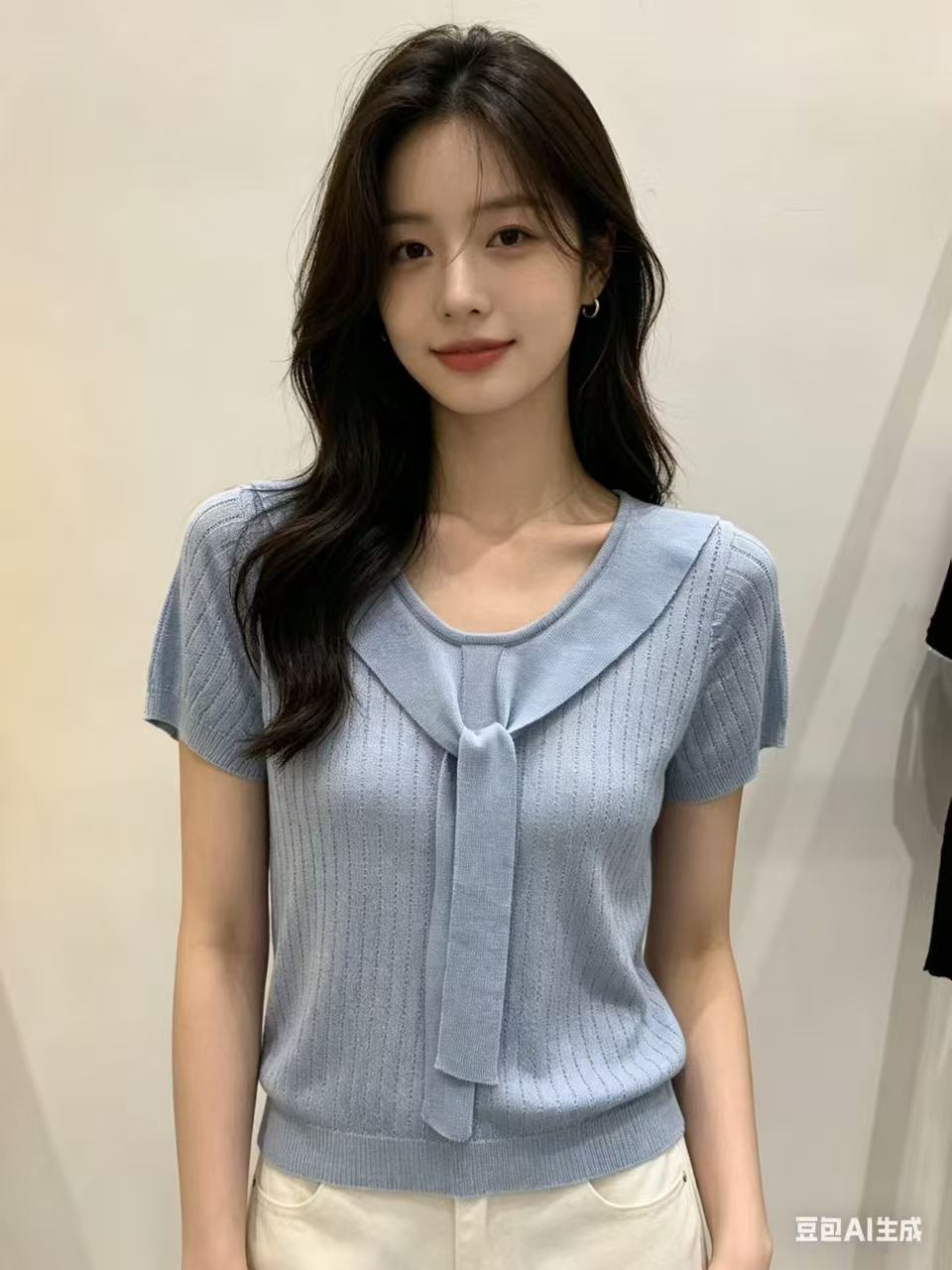 小個子夏季韓系慵懶甜美百搭顯瘦自帶氛圍感氣質坑條針織短袖上衣