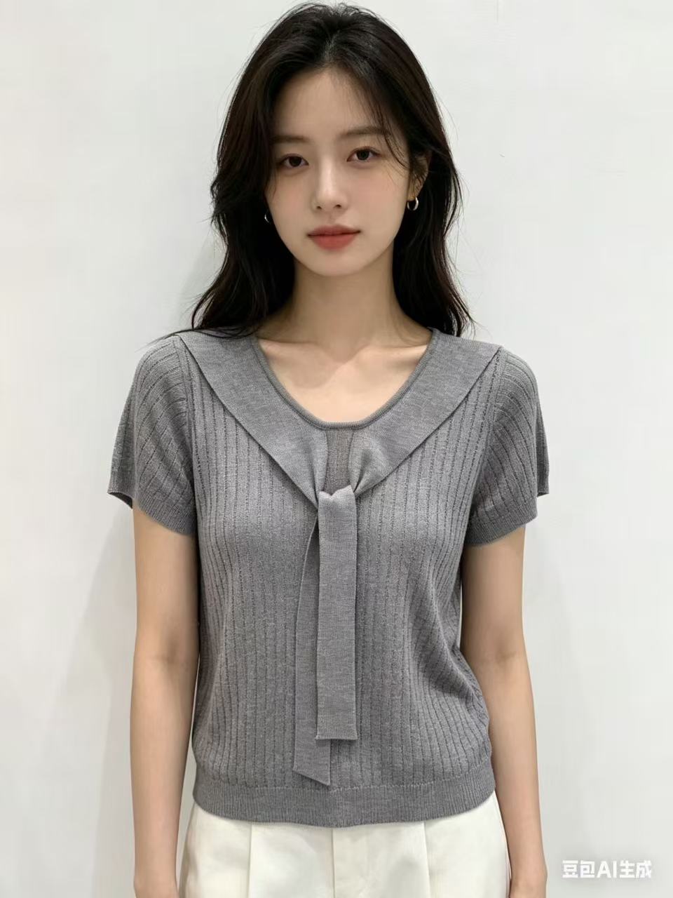 小個子夏季韓系慵懶甜美百搭顯瘦自帶氛圍感氣質坑條針織短袖上衣
