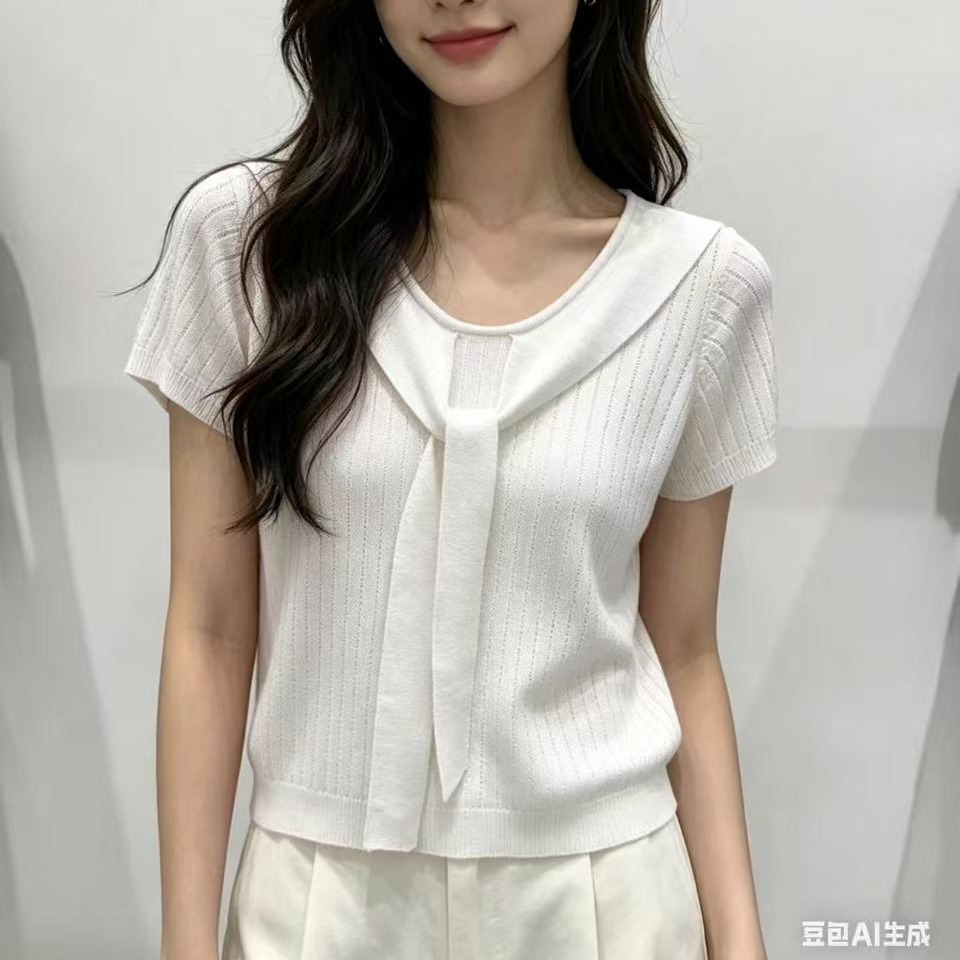 小個子夏季韓系慵懶甜美百搭顯瘦自帶氛圍感氣質坑條針織短袖上衣