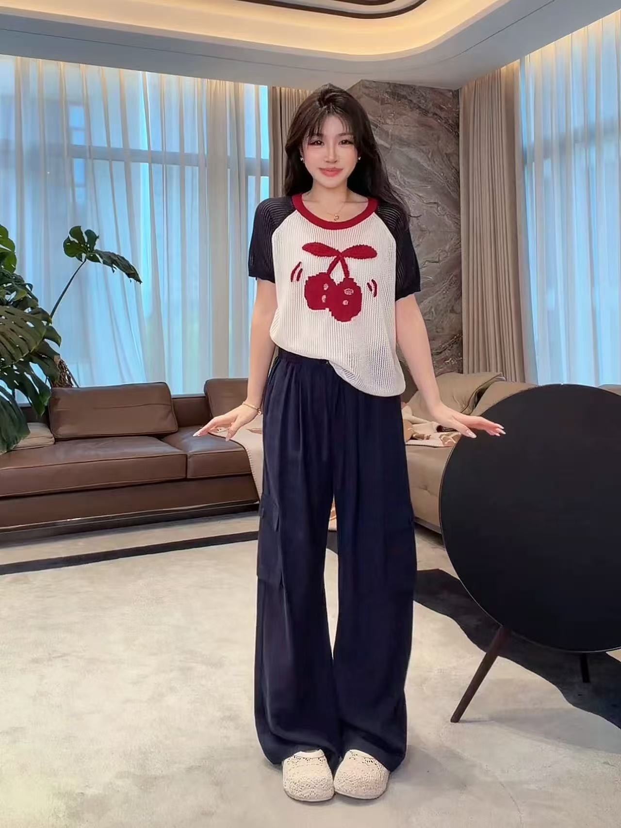 ME老楊的私服 動感櫻桃天絲亞麻提花撞色薄款鏤空短袖針織T恤夏