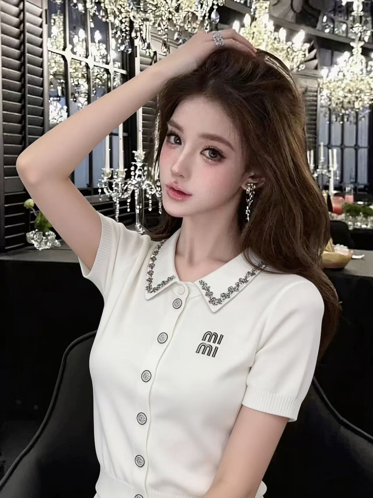 LYM STudio   甜美風polo領短袖針織衫女黑色排扣金屬扣氣質上衣