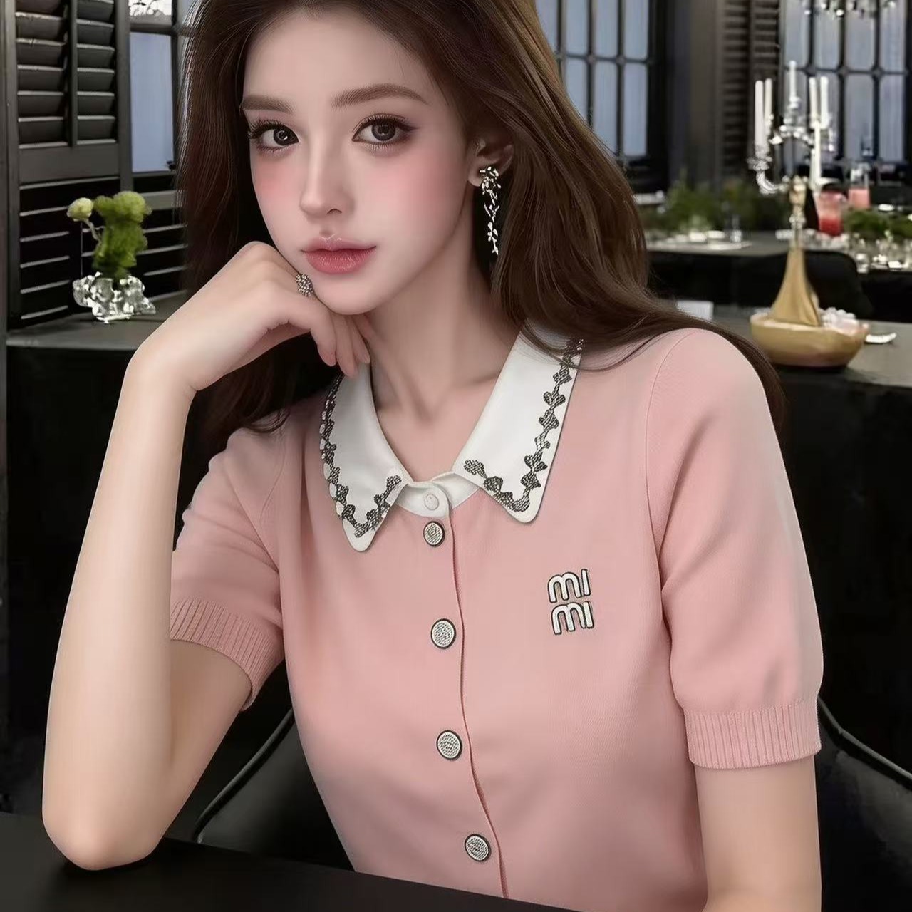LYM STudio   甜美風polo領短袖針織衫女黑色排扣金屬扣氣質上衣