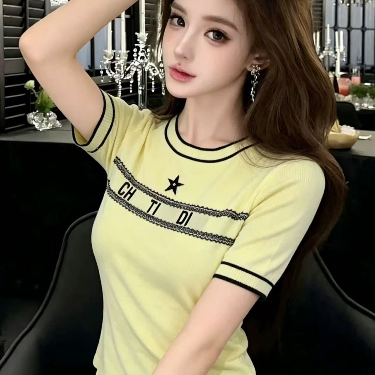 LYM STudio      字母印花短袖T恤女圓領修身顯瘦設計感洋氣上衣