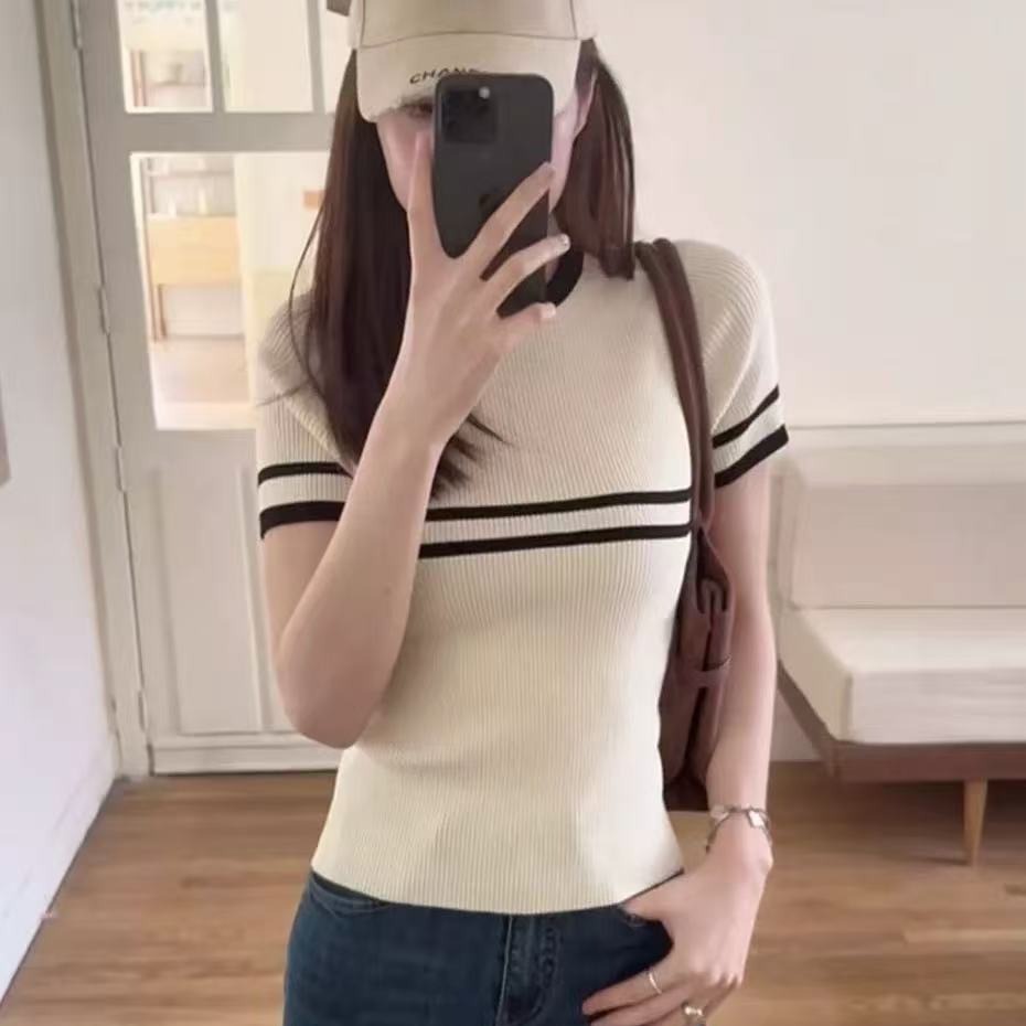 韓系條紋冰絲針織短袖正肩t恤女夏季小個子獨特別致修身短款上衣