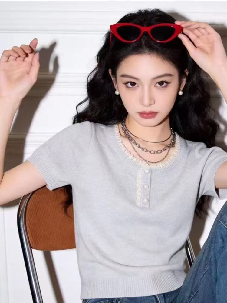 遮肚蕾絲拼接冰絲短袖針織衫女2026春夏薄款洋氣T恤寬松減齡上衣