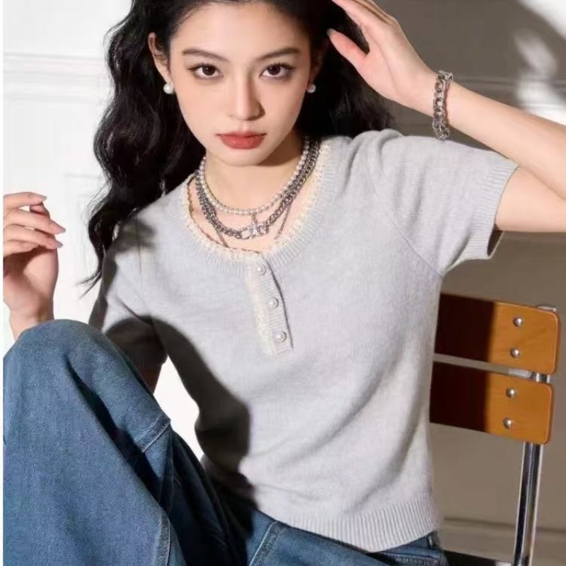遮肚蕾絲拼接冰絲短袖針織衫女2026春夏薄款洋氣T恤寬松減齡上衣