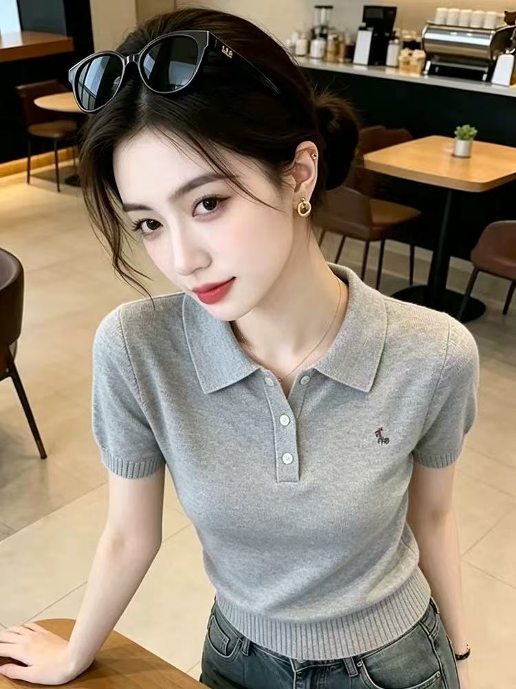 今年初夏新款洋氣設計感polo翻領針織短袖T恤顯瘦外穿女裝上衣潮