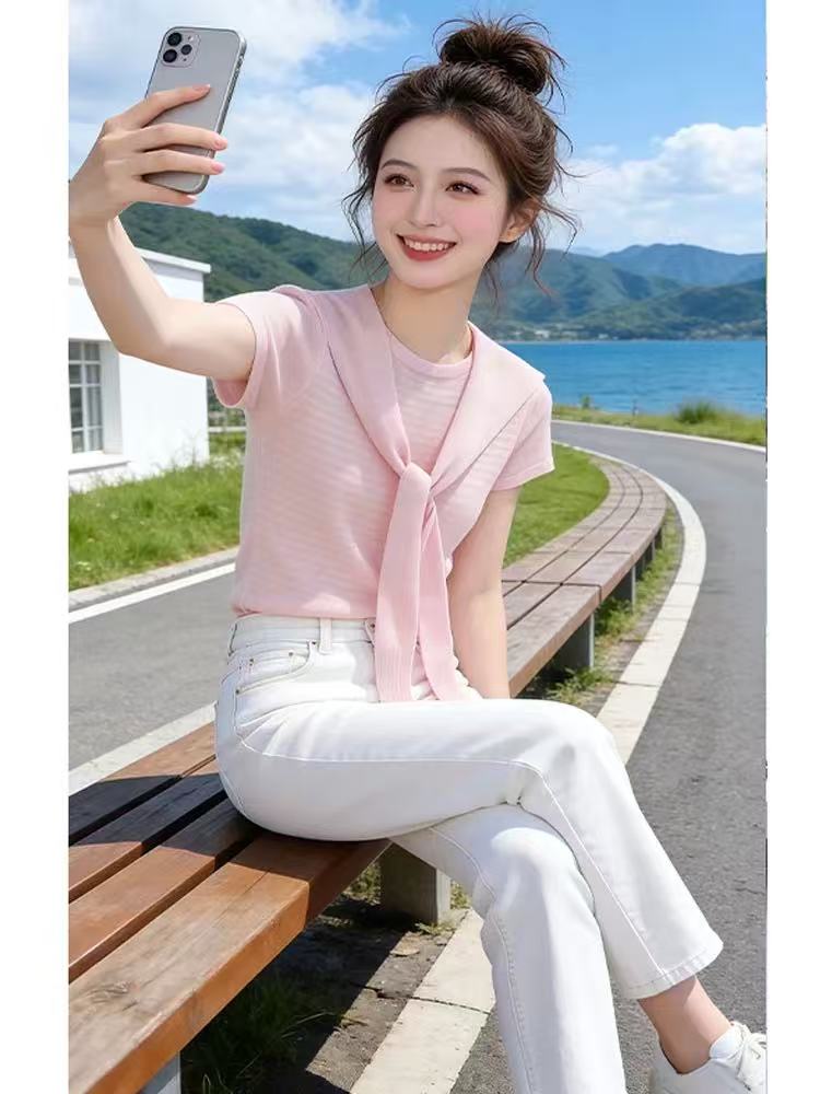 韓系減齡設計感披肩條紋短袖t恤女2026夏季新款薄款寬松透氣上衣