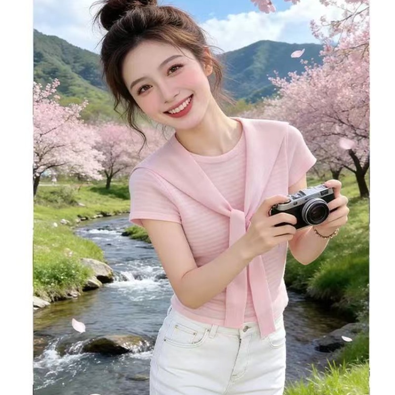韓系減齡設計感披肩條紋短袖t恤女2026夏季新款薄款寬松透氣上衣