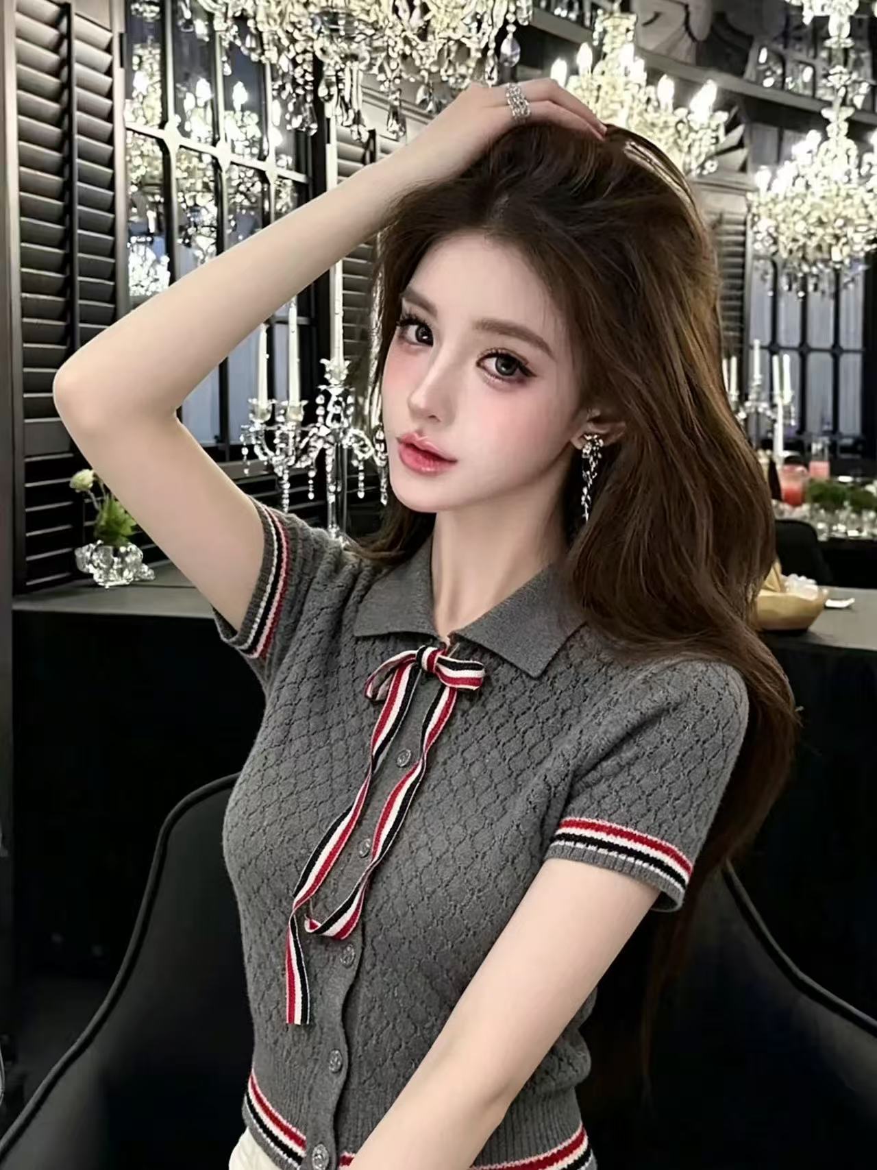 LYM STudio      復古Polo領條紋短袖針織開衫女設計感翻領上衣潮