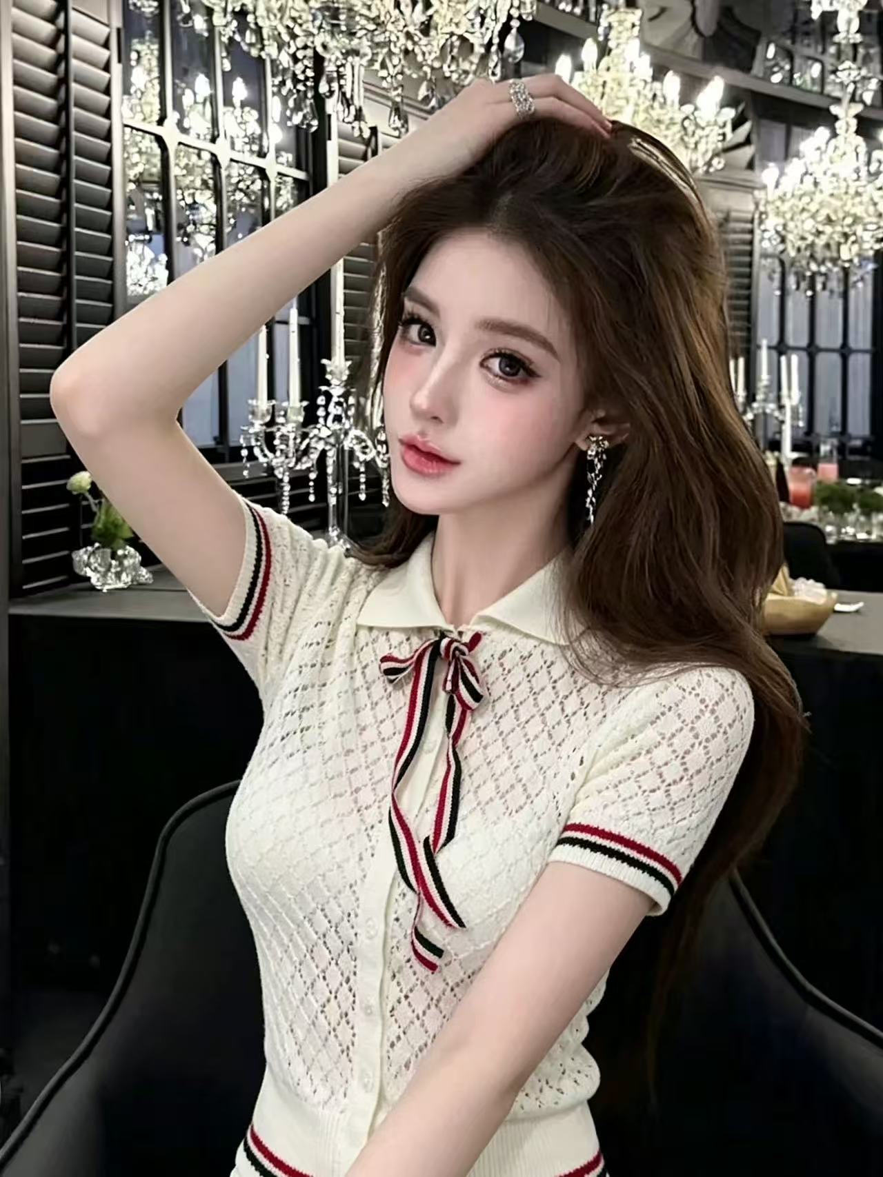 LYM STudio      復古Polo領條紋短袖針織開衫女設計感翻領上衣潮