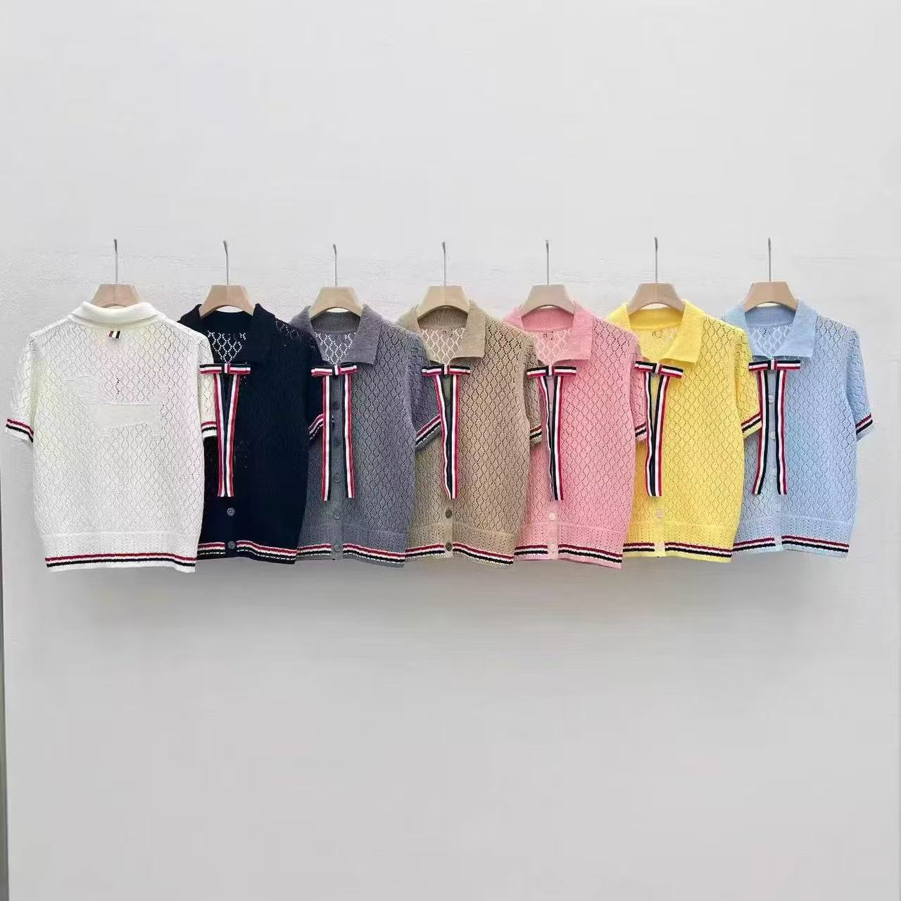 LYM STudio      復古Polo領條紋短袖針織開衫女設計感翻領上衣潮