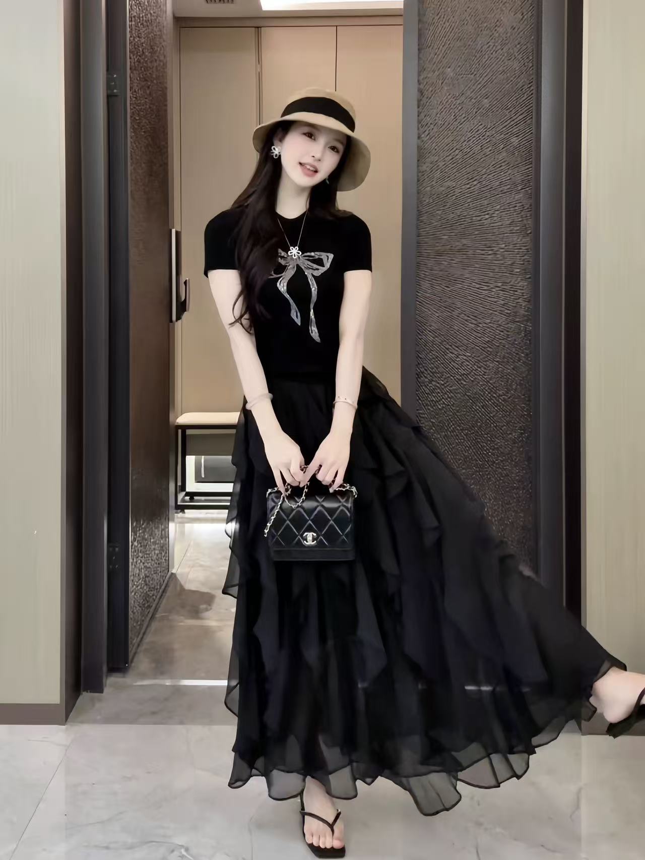 YYstudio黑色蝴蝶結短袖T恤女 2026修身顯瘦氣質正肩圓領上衣