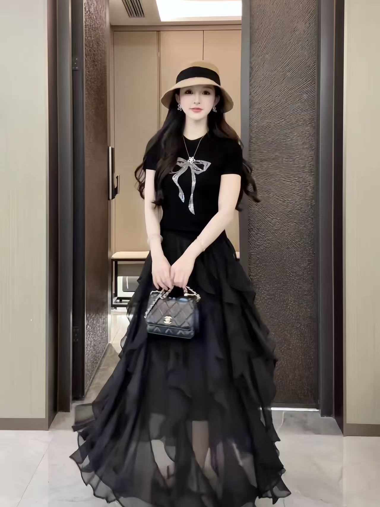YYstudio黑色蝴蝶結短袖T恤女 2026修身顯瘦氣質正肩圓領上衣