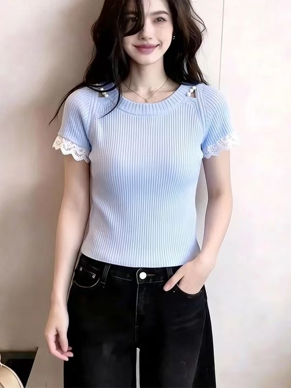 時尚氣質藍色蝴蝶結短袖針織衫女夏新款修身百搭休閑T恤上衣減齡