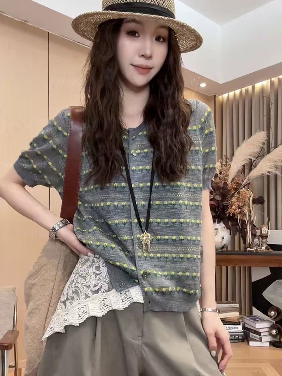 韓國東大門夏季新款設計感黃花針織開衫韓系時尚百搭顯瘦斷袖上衣