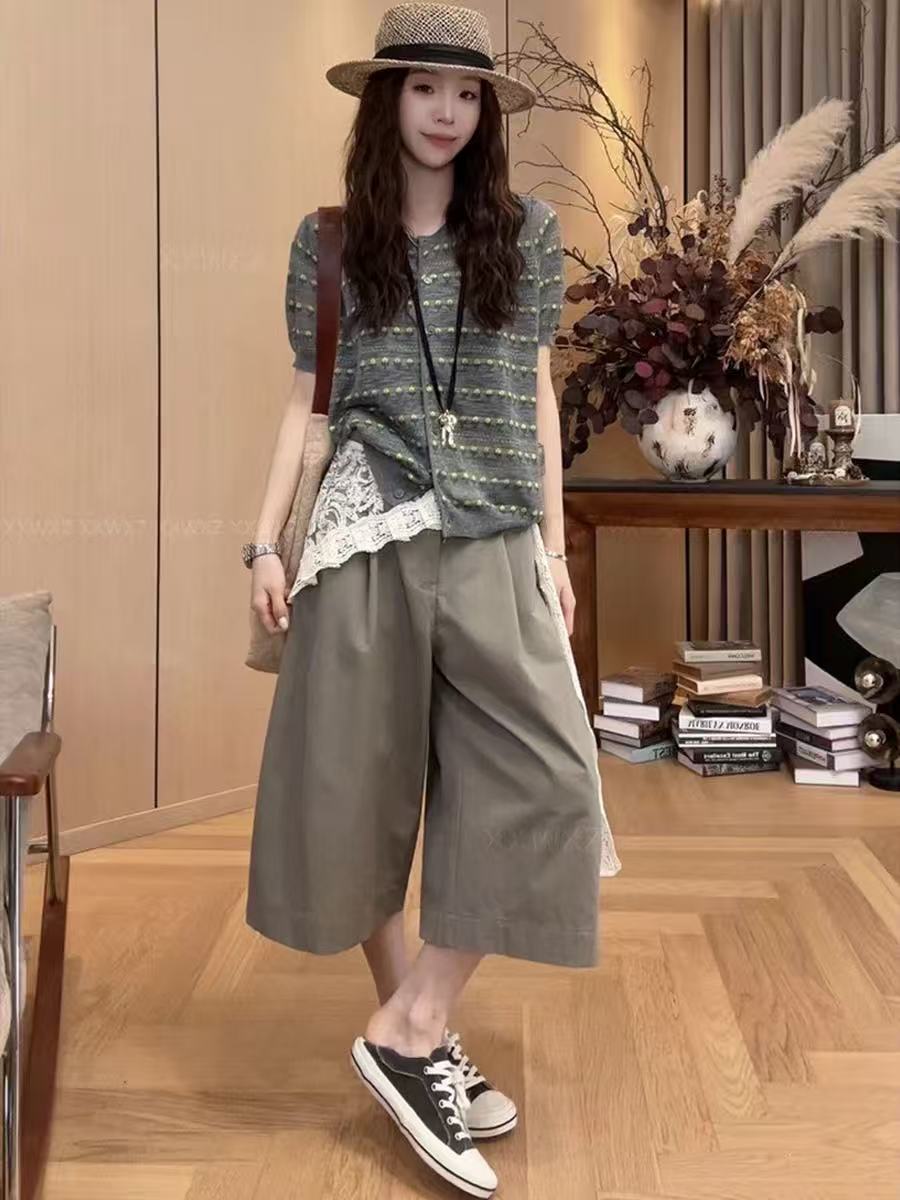 韓國東大門夏季新款設計感黃花針織開衫韓系時尚百搭顯瘦斷袖上衣