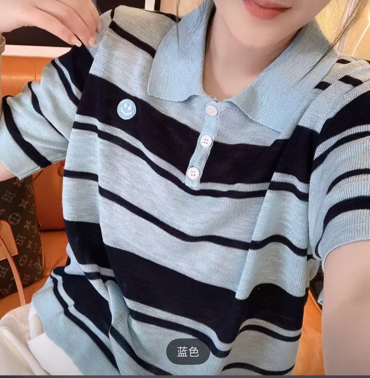 2026夏季新款韓系條紋POLO領針織衫女款慵懶撞色寬松正肩短袖上衣