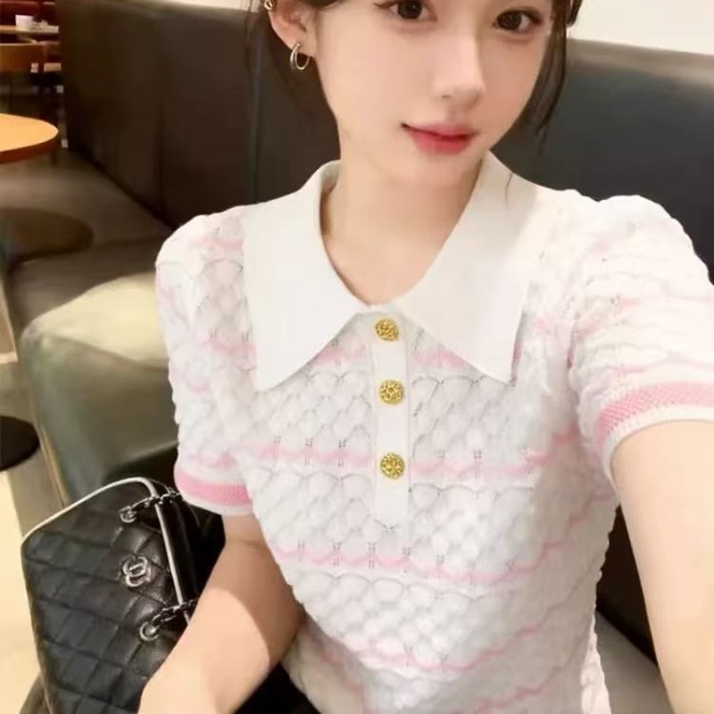 2026夏季新款獨特漂亮巨好看上衣溫柔風甜美Polo領白色短袖T恤女