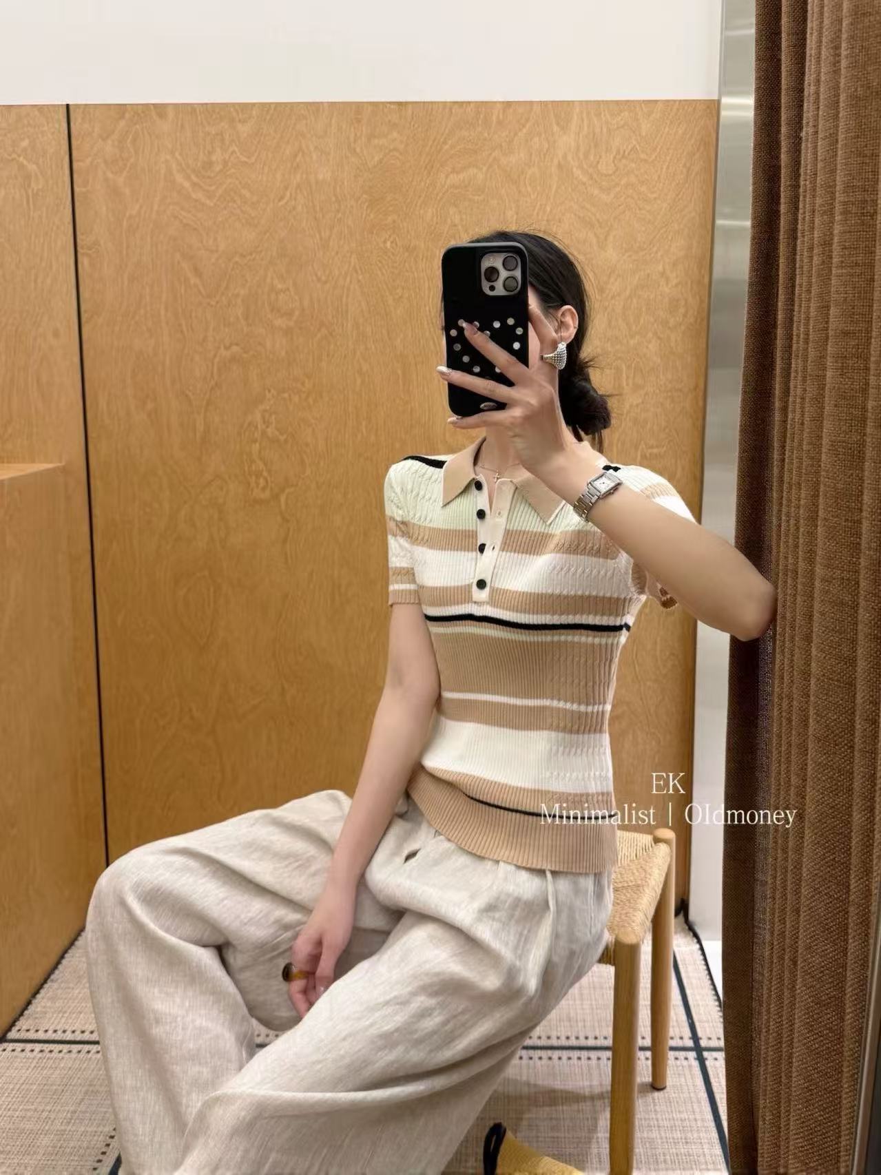 韓版復古針織條紋polo衫短袖t恤女春夏正肩翻領短款修身毛衣上衣