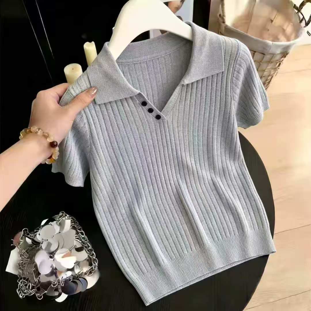 Polo領法式極簡風冰絲短袖上衣女新款夏季薄款簡約洋氣寬松T恤衫