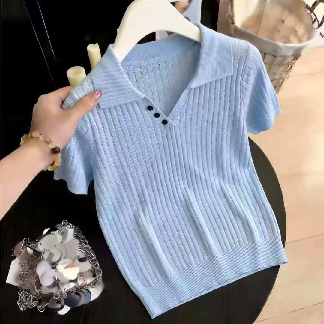 Polo領法式極簡風冰絲短袖上衣女新款夏季薄款簡約洋氣寬松T恤衫