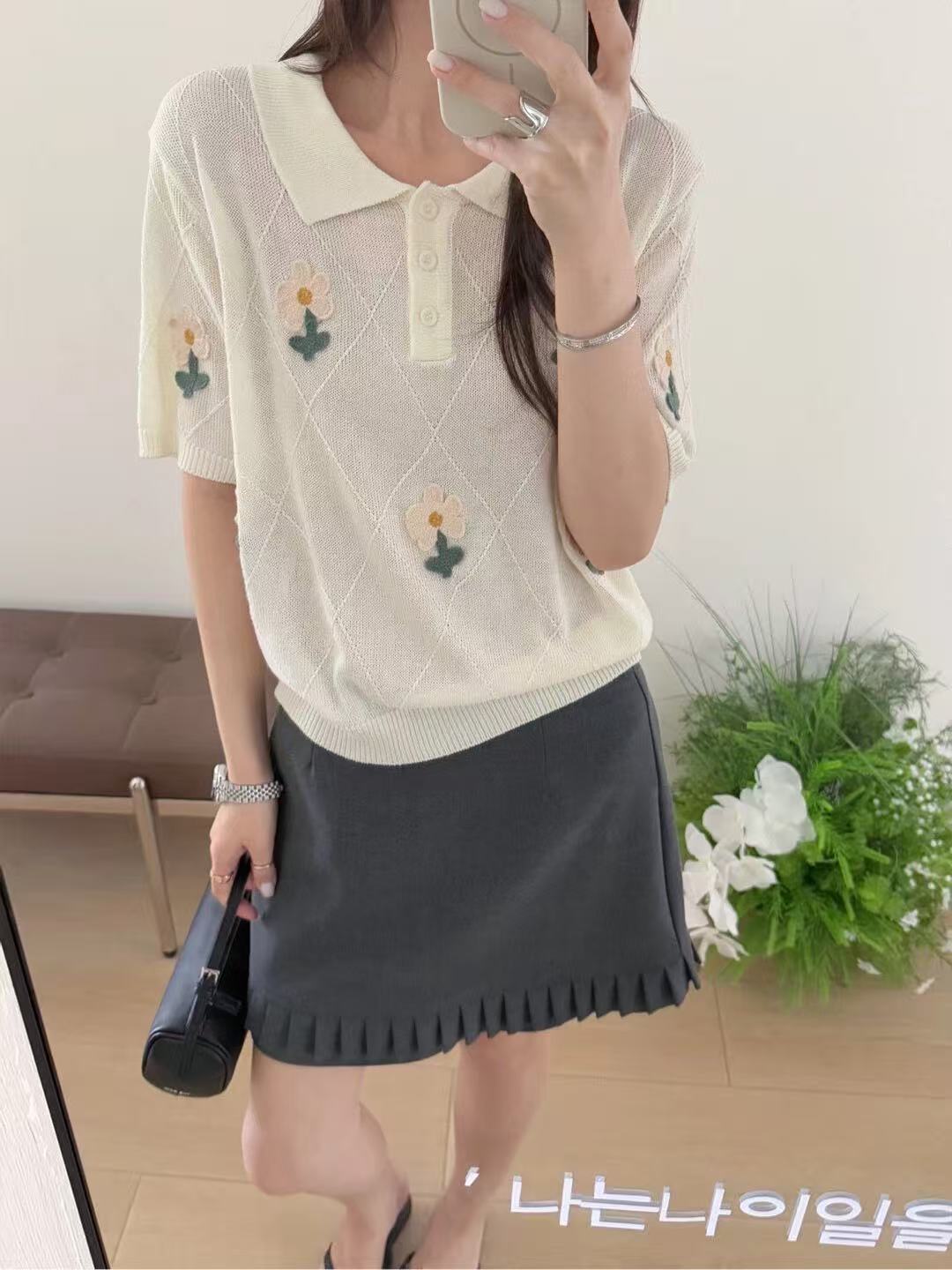 韓系polo領針織短袖T恤女2026新款夏季花朵刺繡寬松百搭顯瘦上衣