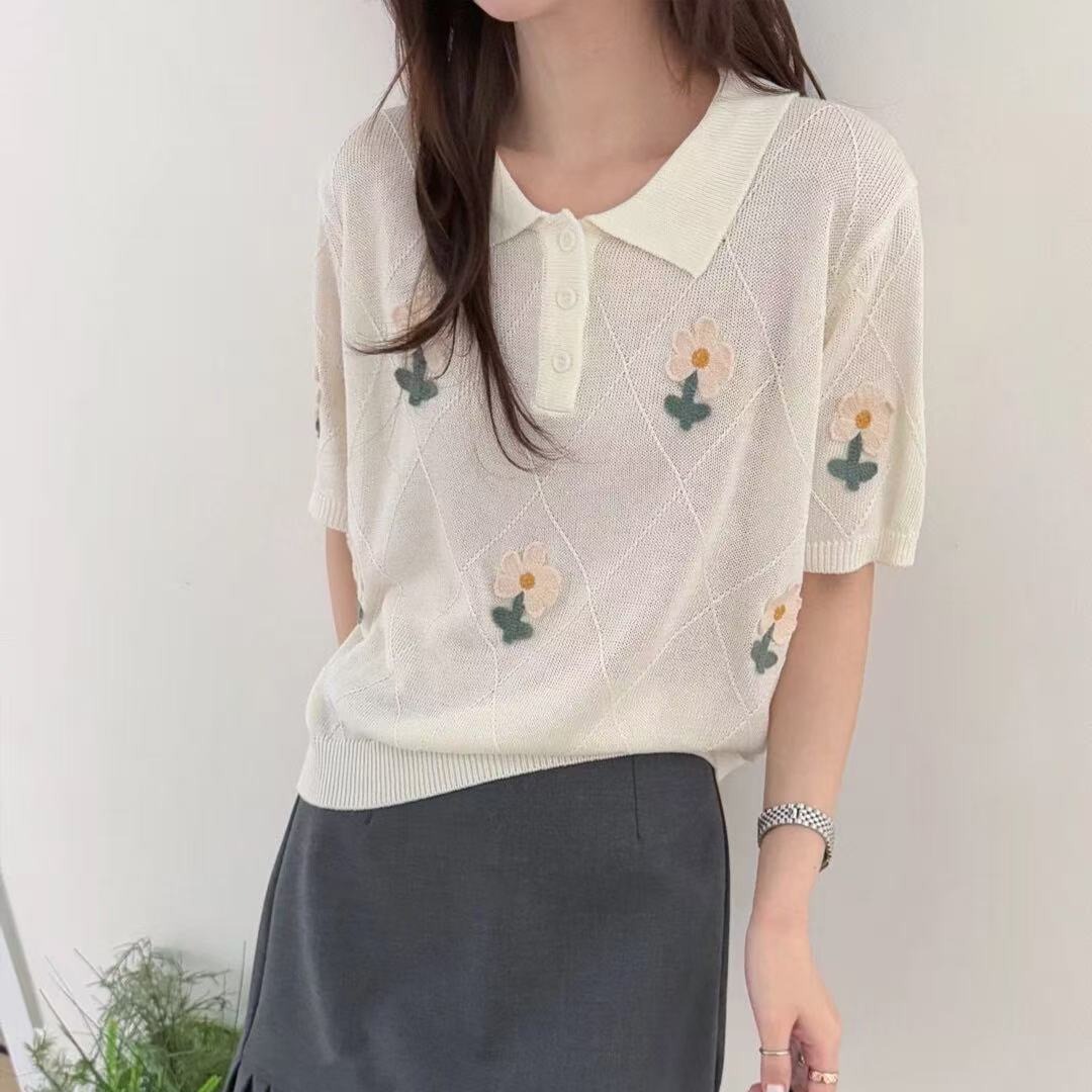 韓系polo領針織短袖T恤女2026新款夏季花朵刺繡寬松百搭顯瘦上衣