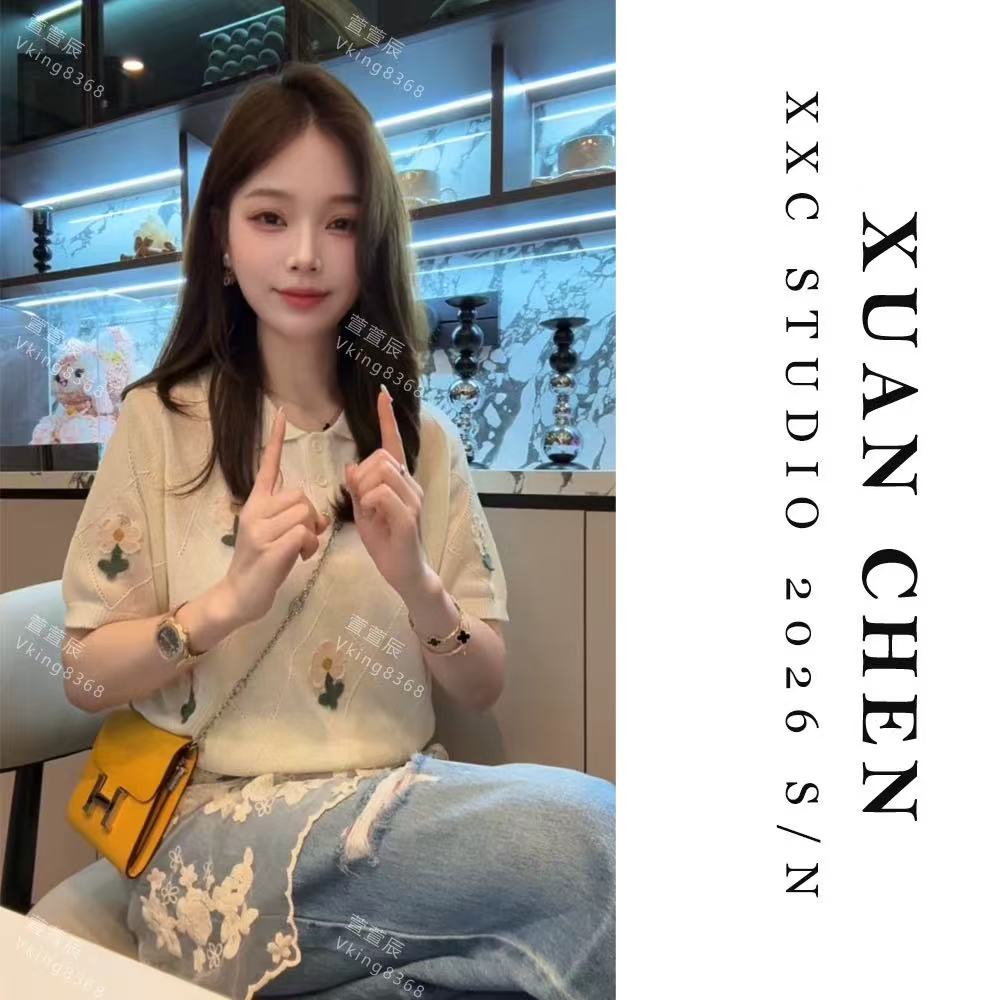 萱萱辰花朵針織夏季薄款小花朵短袖針織衫時尚設計上衣女9799