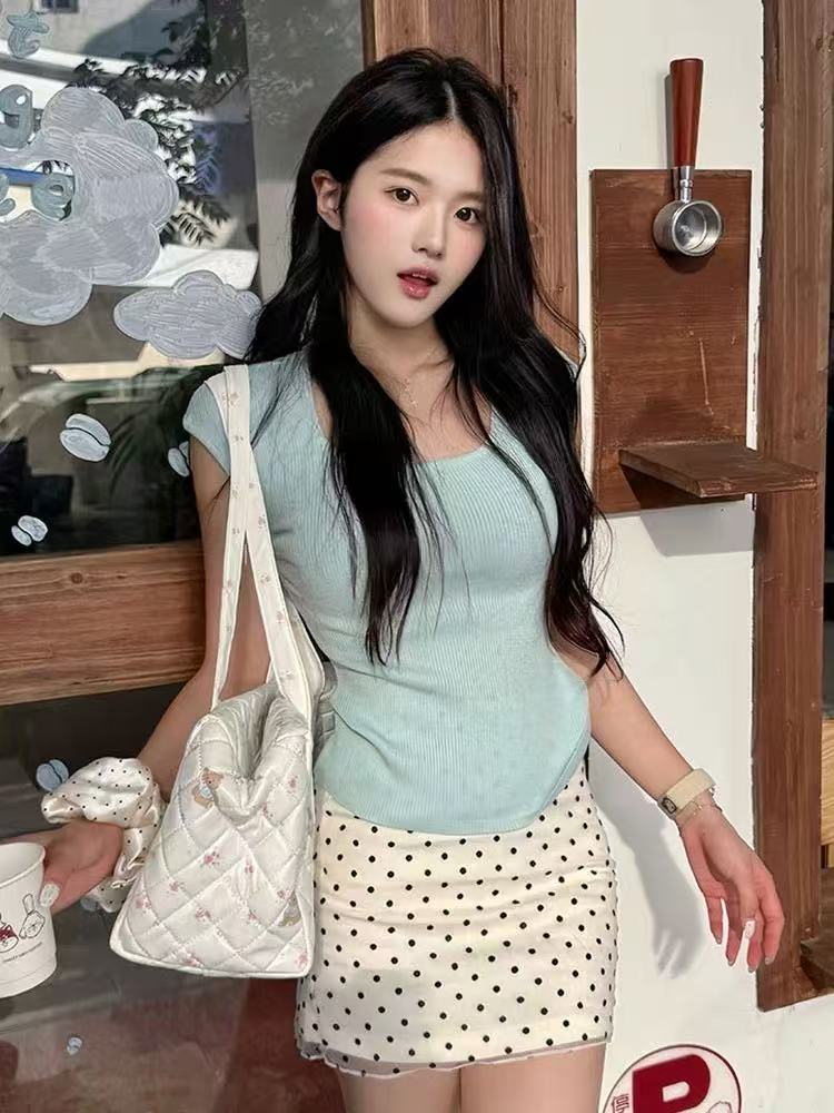 BAEIIOU 韓系甜美氣質薄荷綠方領上衣女夏季新款修身顯瘦短袖T恤