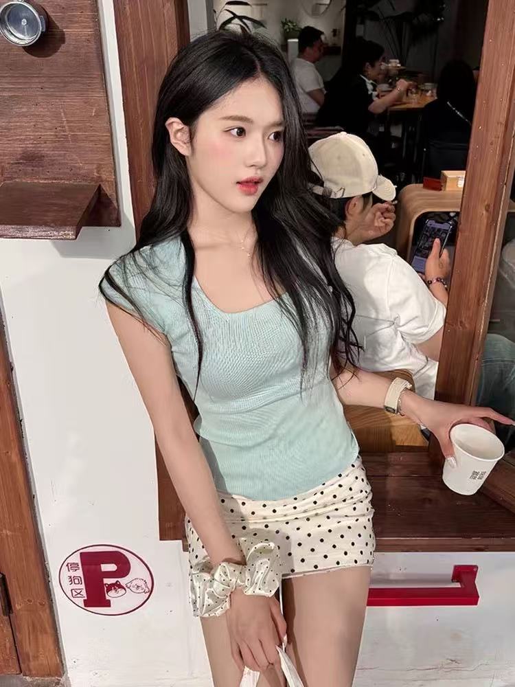 BAEIIOU 韓系甜美氣質薄荷綠方領上衣女夏季新款修身顯瘦短袖T恤