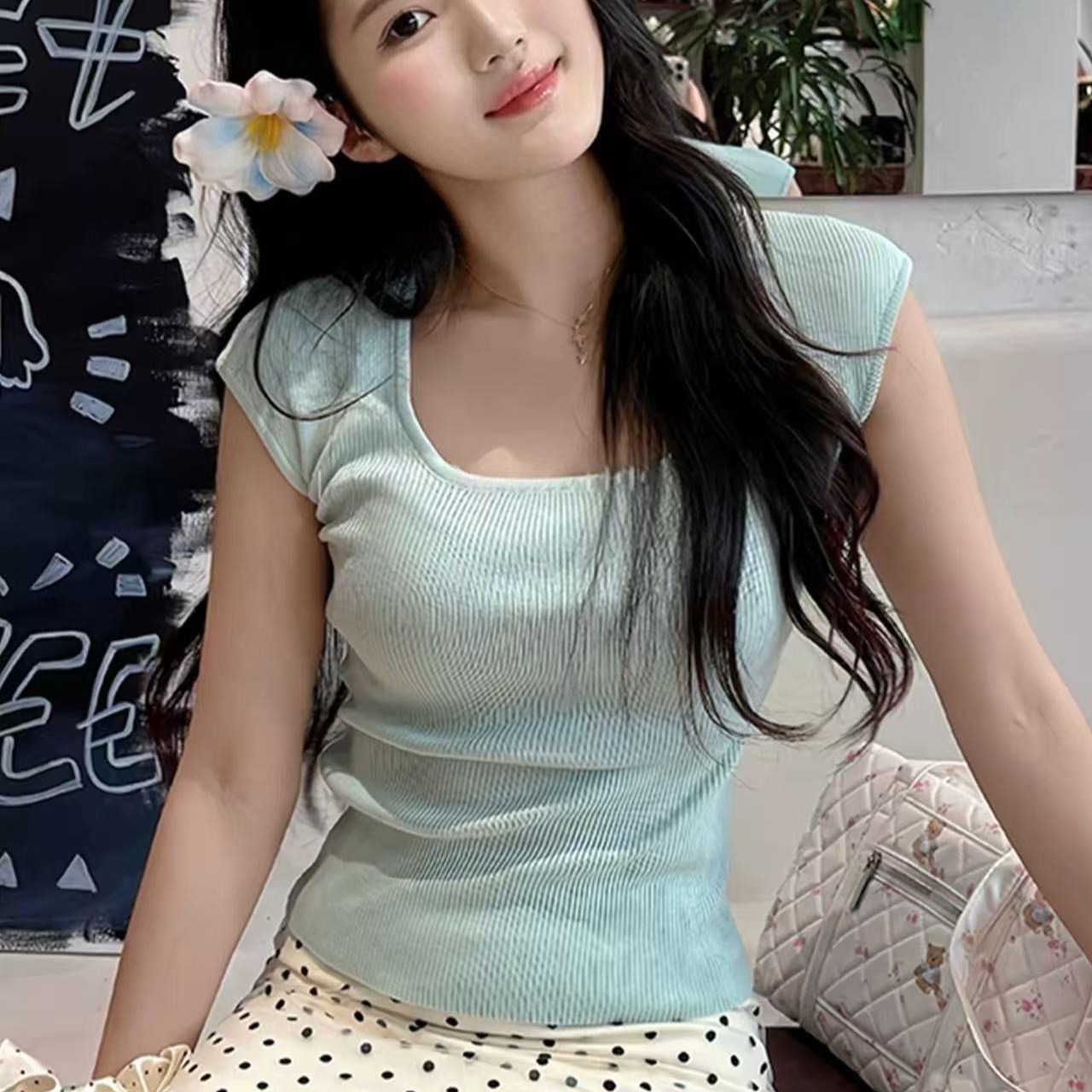 BAEIIOU 韓系甜美氣質薄荷綠方領上衣女夏季新款修身顯瘦短袖T恤
