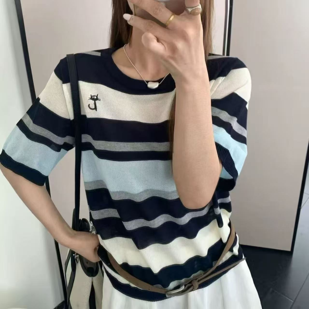 夏季新款條紋拼色短袖針織衫女薄款撞色寬松顯瘦修身POLO領上衣