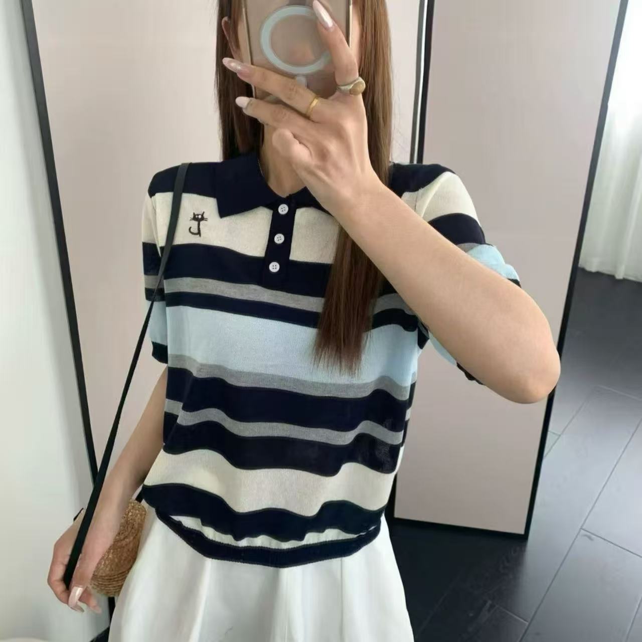 夏季新款條紋拼色短袖針織衫女薄款撞色寬松顯瘦修身POLO領上衣